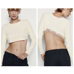 Zara knit crop rhinestone sweater bling, NWOT cream, S